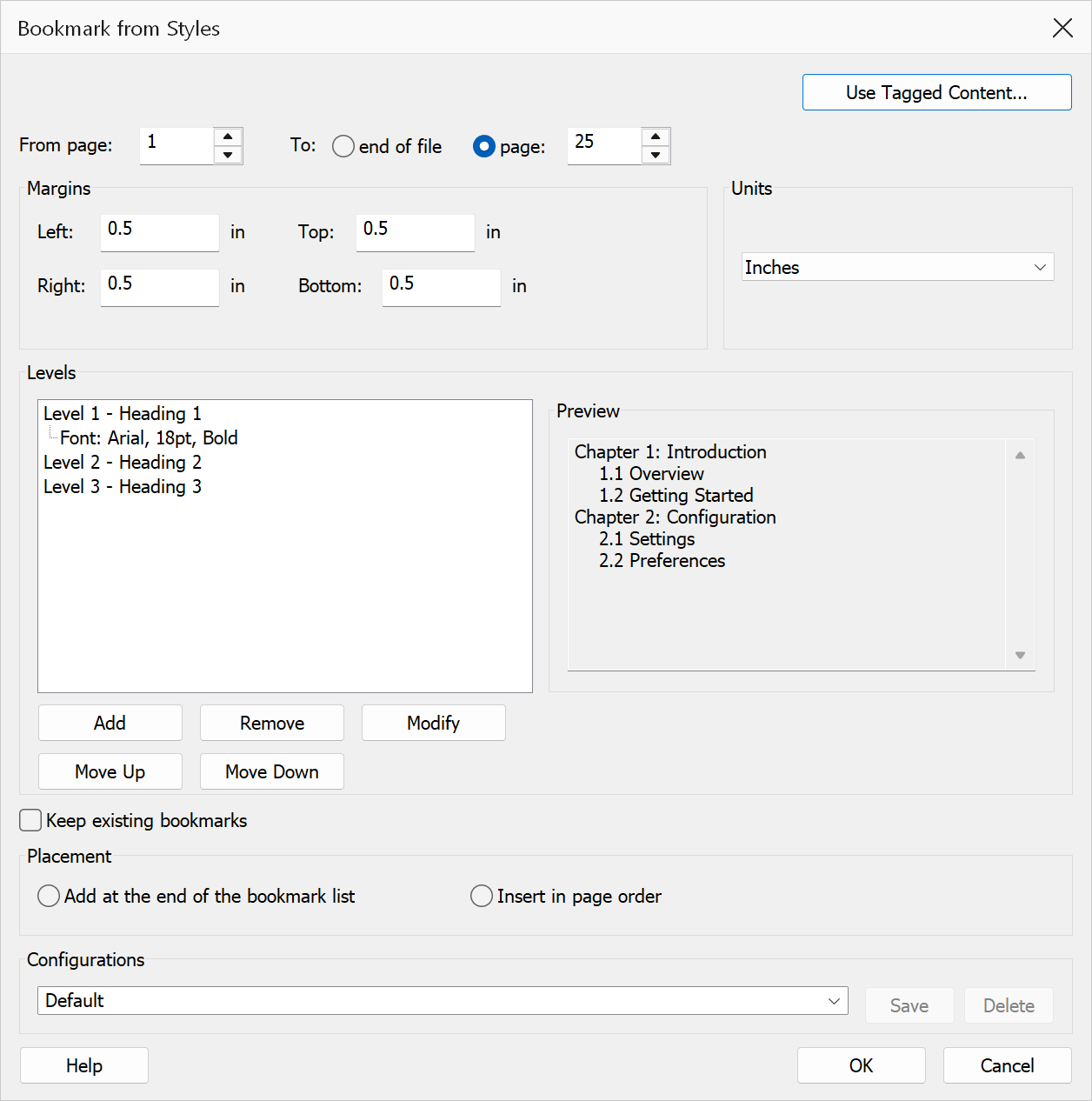 Bookmark from Styles dialog showing heading levels and a bookmark preview