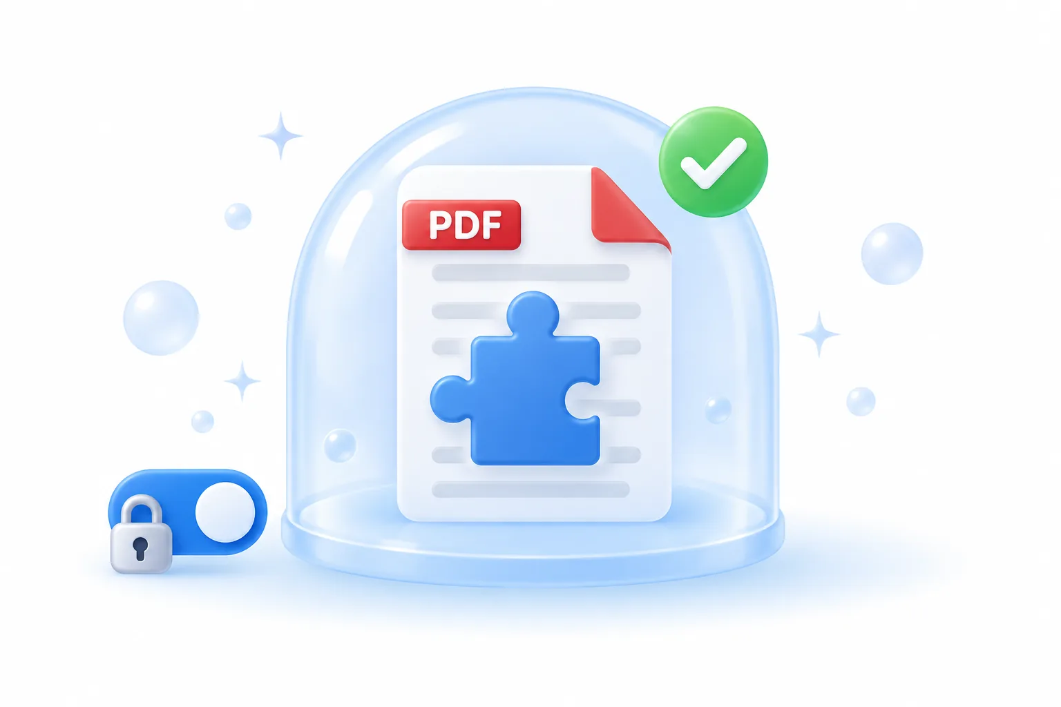A PDF document and a plug-in puzzle piece sealed inside a glass dome, with a green tick and a locked toggle switch, representing Acrobat Protected Mode