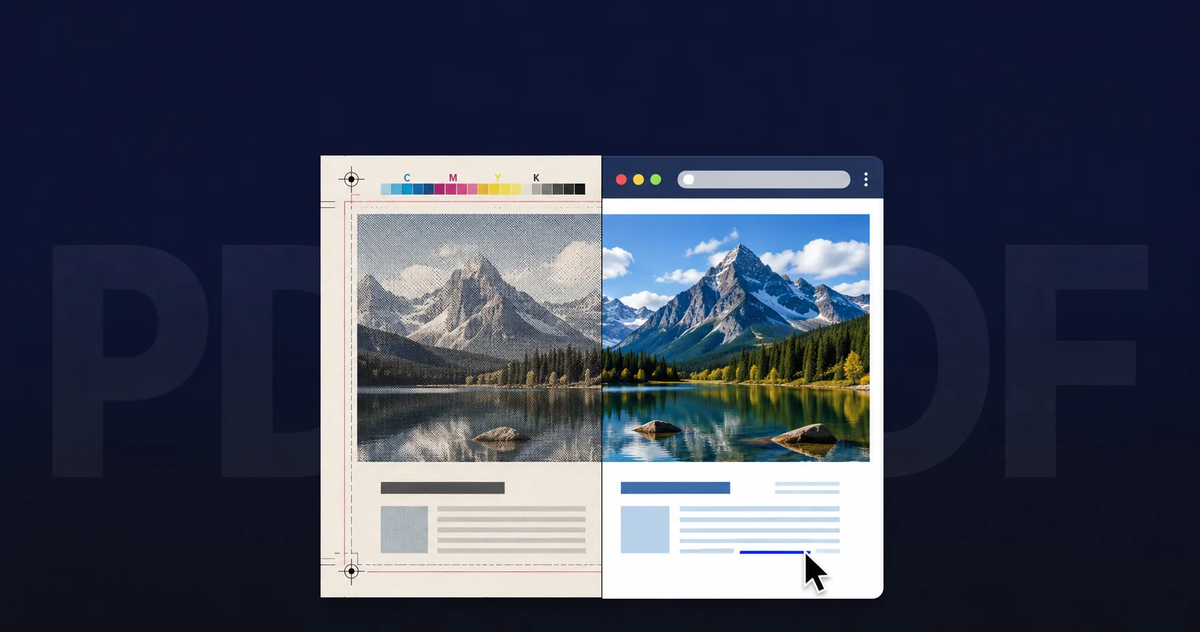 A single PDF document split into two halves &mdash; one prepared for press, one prepared for the web