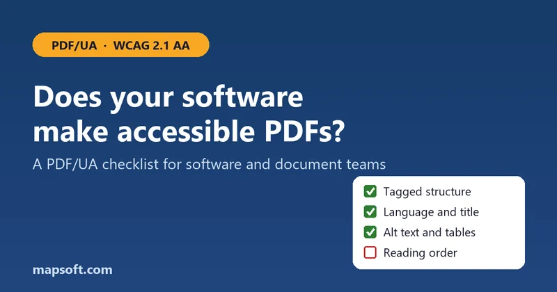 A PDF/UA checklist covering tagged structure, language and title, alt text and tables, and reading order