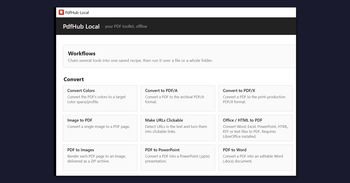 PdfHub Local — the desktop edition of Mapsoft PDF Hub, showing the offline tool grid