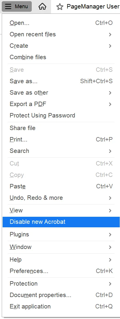 Disable new Acrobat option at the bottom of the Menu