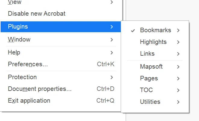 Plug-Ins submenu in Adobe Acrobat listing installed Mapsoft plug-ins