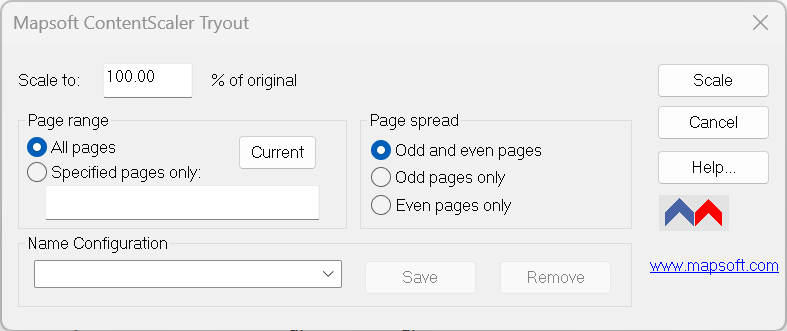 ContentScaler plug-in dialog showing page scaling options in Adobe Acrobat
