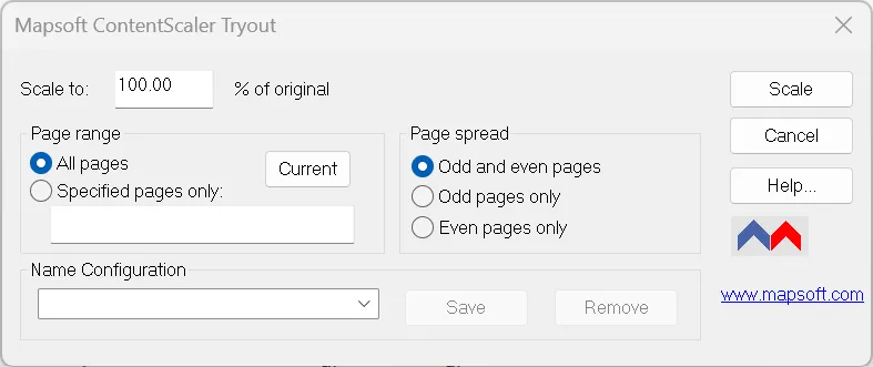 ContentScaler plug-in dialog showing page scaling options in Adobe Acrobat