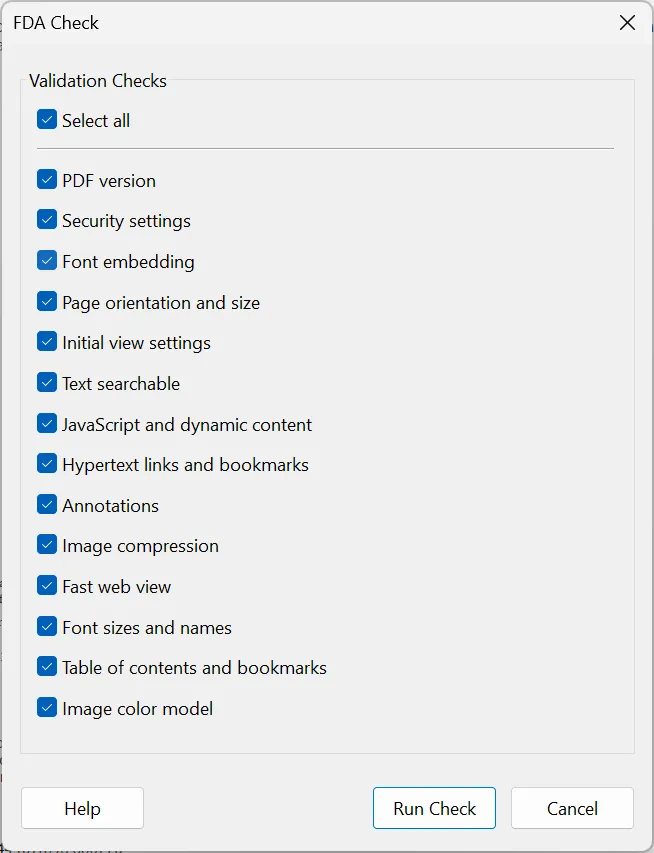 FDA Checker dialog showing validation checks for PDF compliance