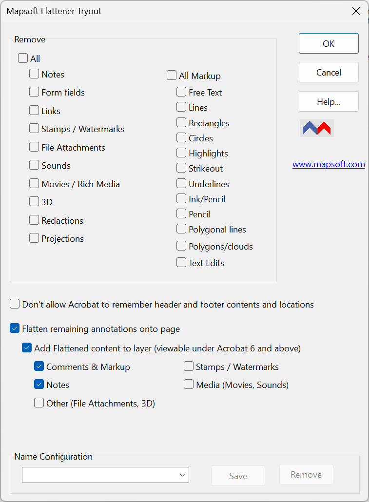 Flattener plug-in dialog showing annotation removal and flattening options