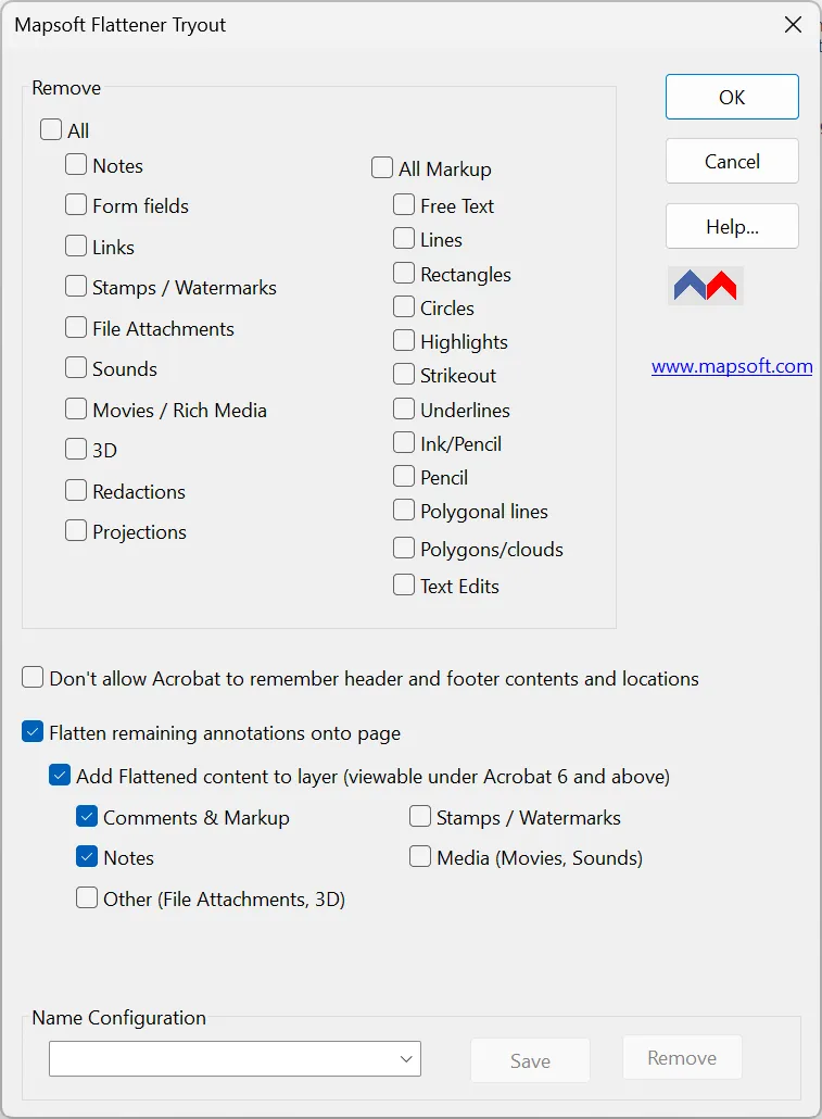 Flattener plug-in dialog showing annotation removal and flattening options