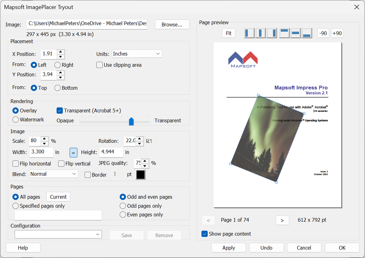 ImagePlacer plug-in dialog showing image placement with live page preview