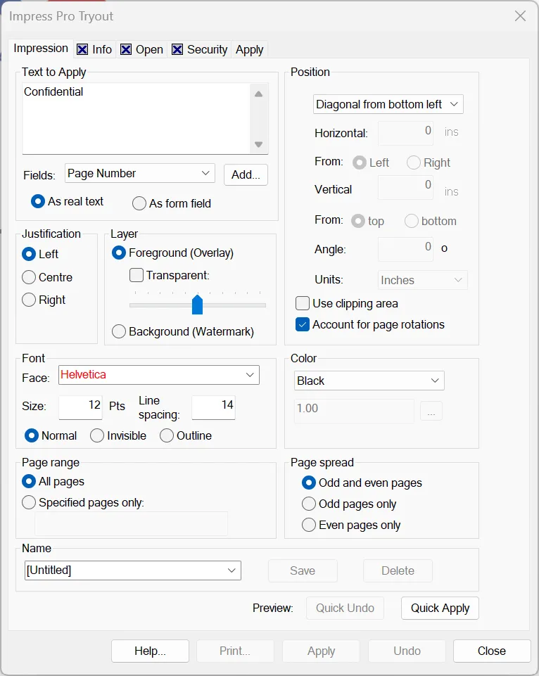 Impress Pro plug-in dialog showing text stamping with font, position and layer controls