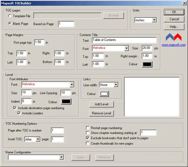 TOCBuilder main window to build a table of contents in the PDF file