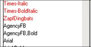 Acrobat base fonts in red and installed fonts in black