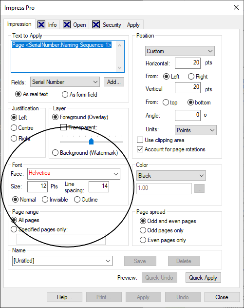 Setting the font to be used in the pdf text stamp