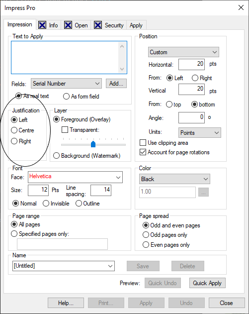 setting the justifiction and alignment for the pdf text stamp