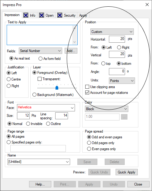 the position field defines where the text stamp will appear on the pdf page
