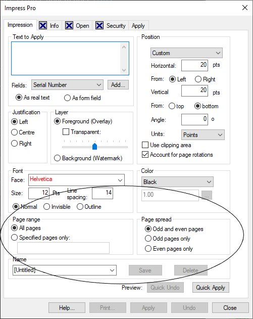 using page ranges for applying the pdf text stamp