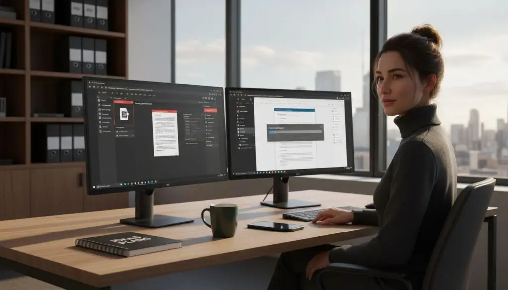 Office workspace showing Acrobat PDF to Word process