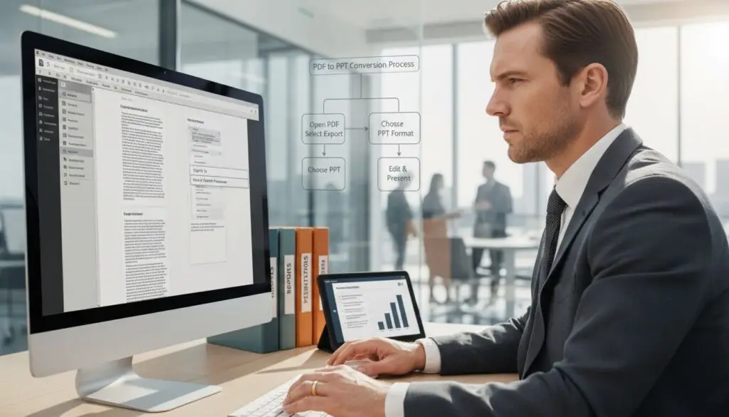 Business workspace showing Acrobat PDF conversion process