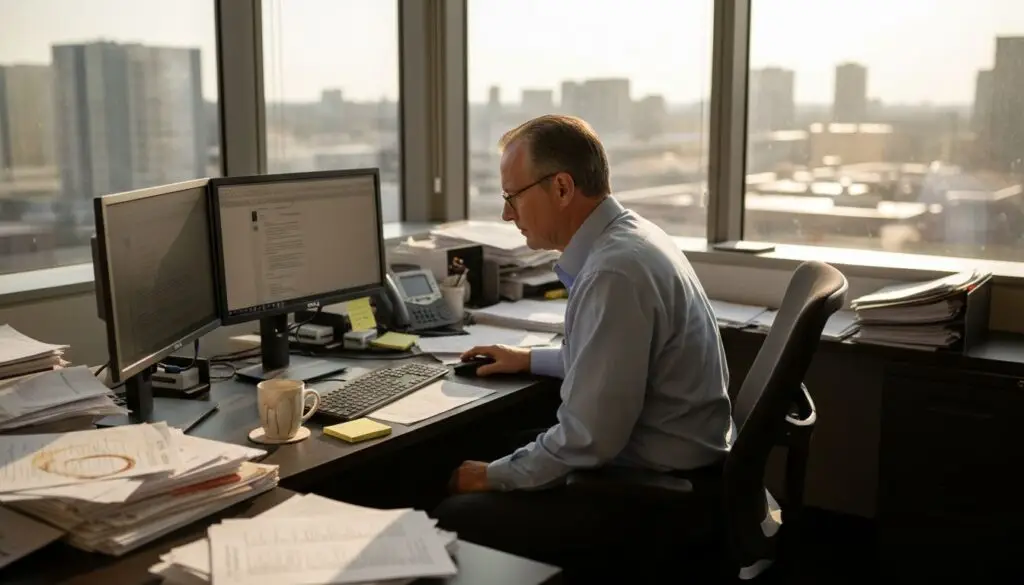 Worker preparing PDF in bright corner office