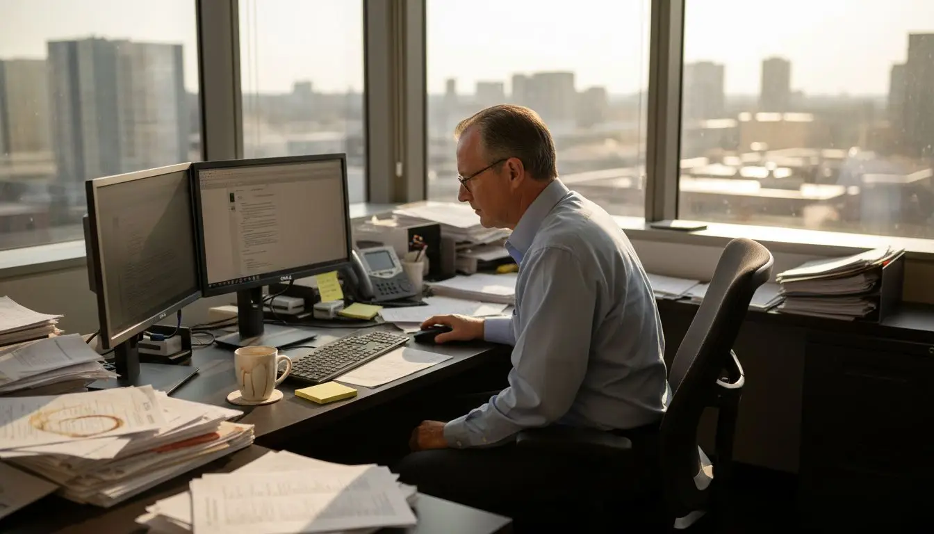 Worker preparing PDF in bright corner office