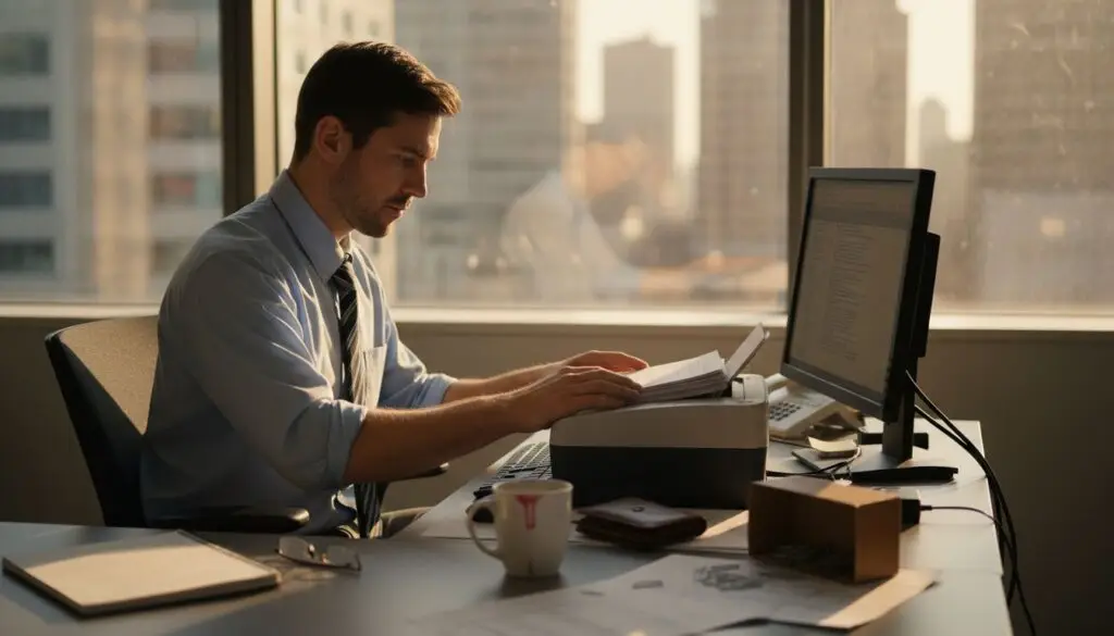 Office worker scanning paperwork for OCR