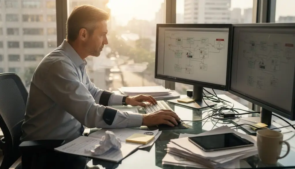 Manager coordinating PDF workflow at desk
