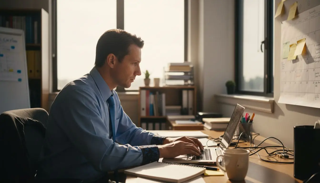 IT leader managing stress in sunlit office