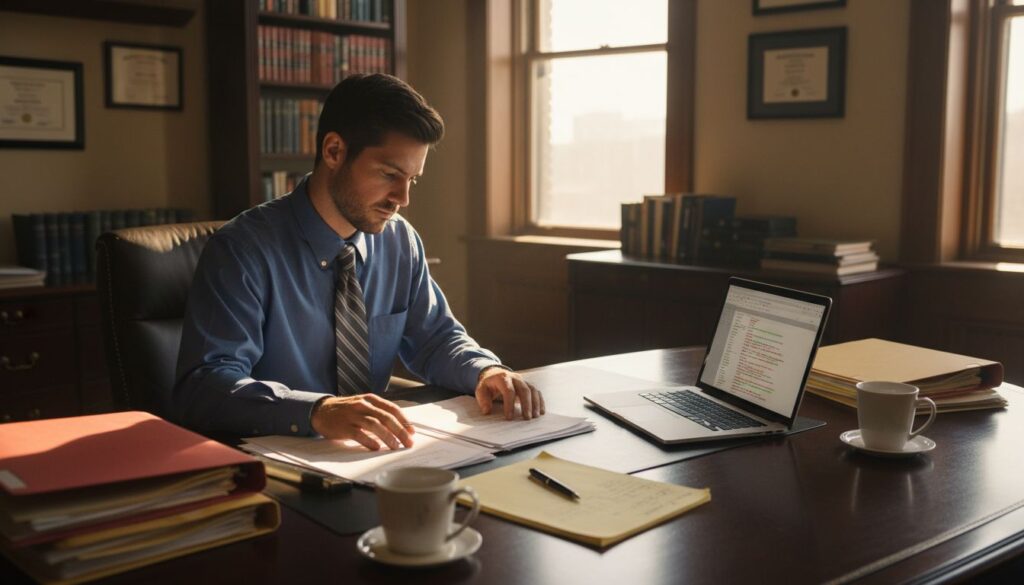 Lawyer reviewing contracts in sunlit office