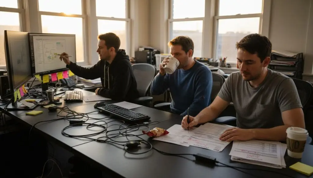 Team working at ergonomic desks in sunlit office