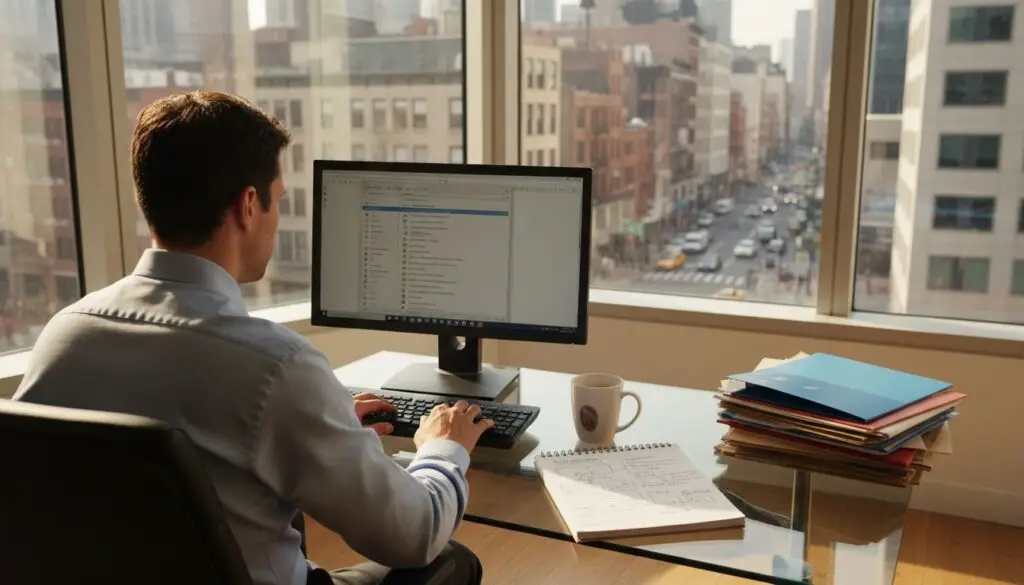 Employee entering organized digital file names at desk