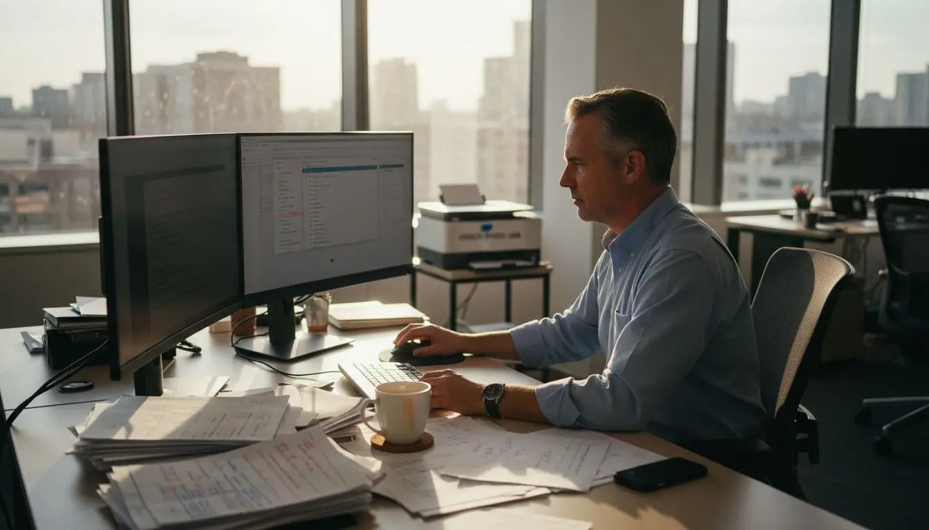 Executive reviewing PDF on dual monitors
