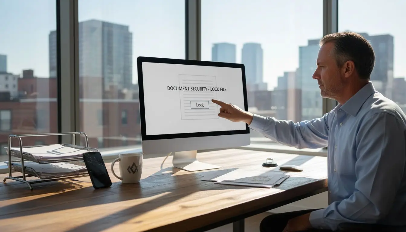 Businessman locks PDF file at desk
