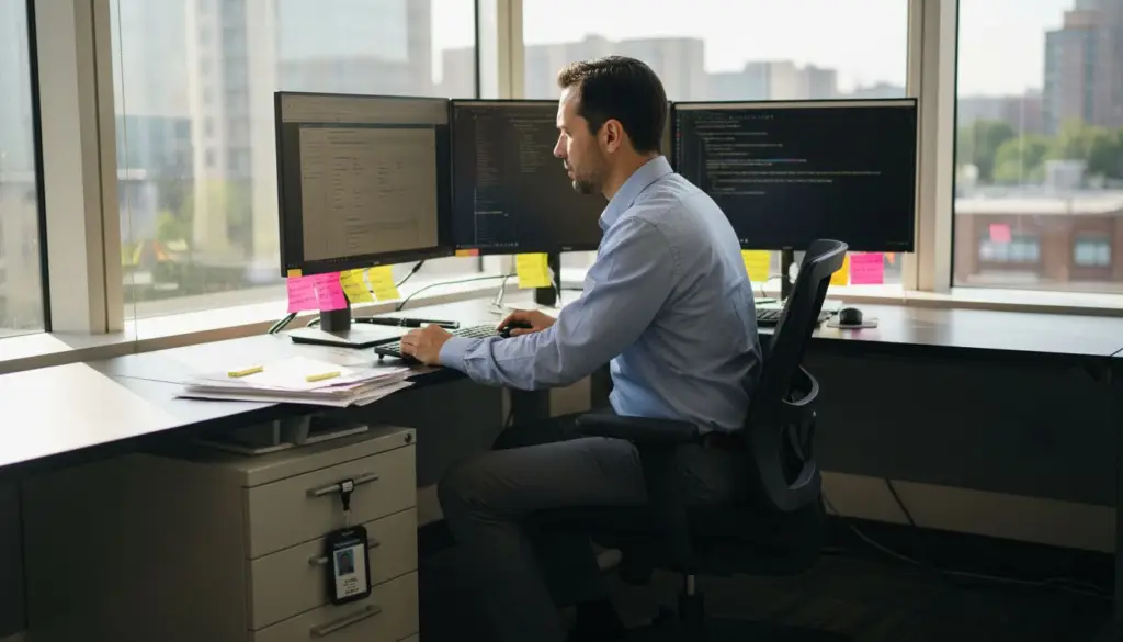 IT specialist reviewing PDF metadata at desk