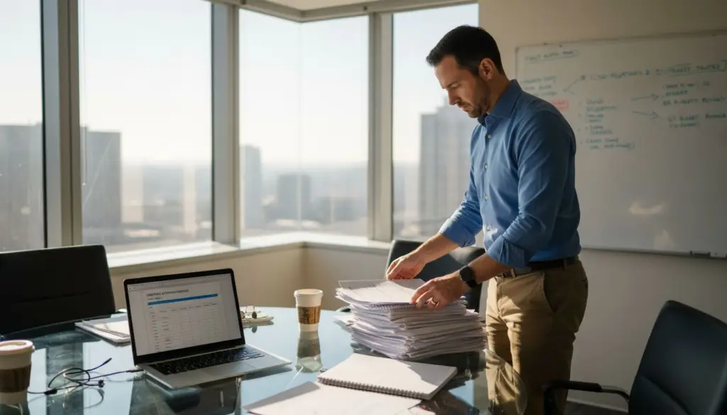 IT manager organizing PDFs in bright office