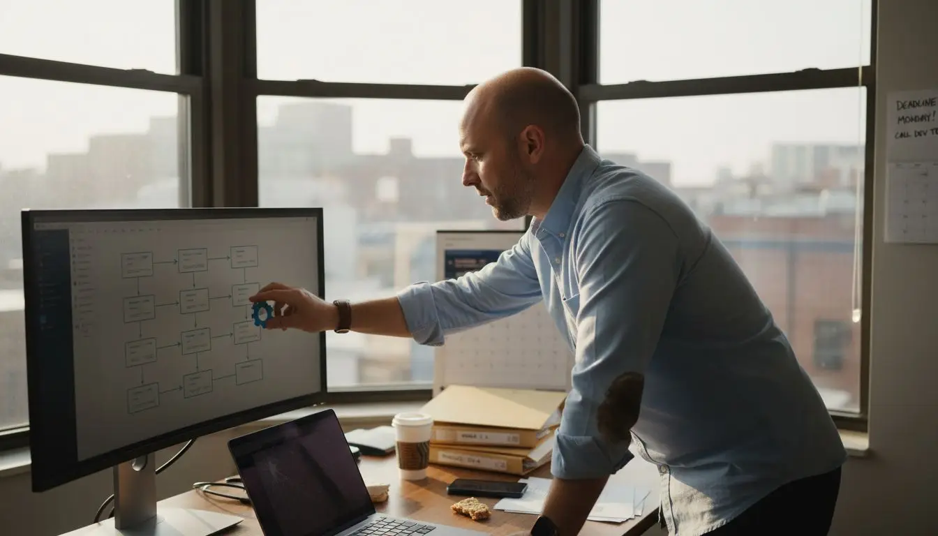 Manager working on workflow diagram in office