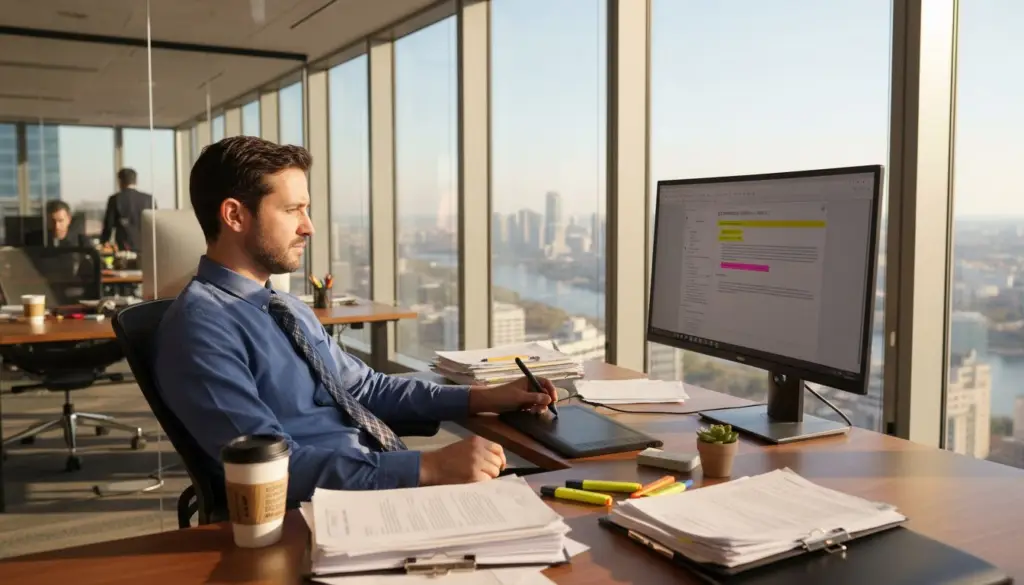 Business analyst editing PDF at office desk