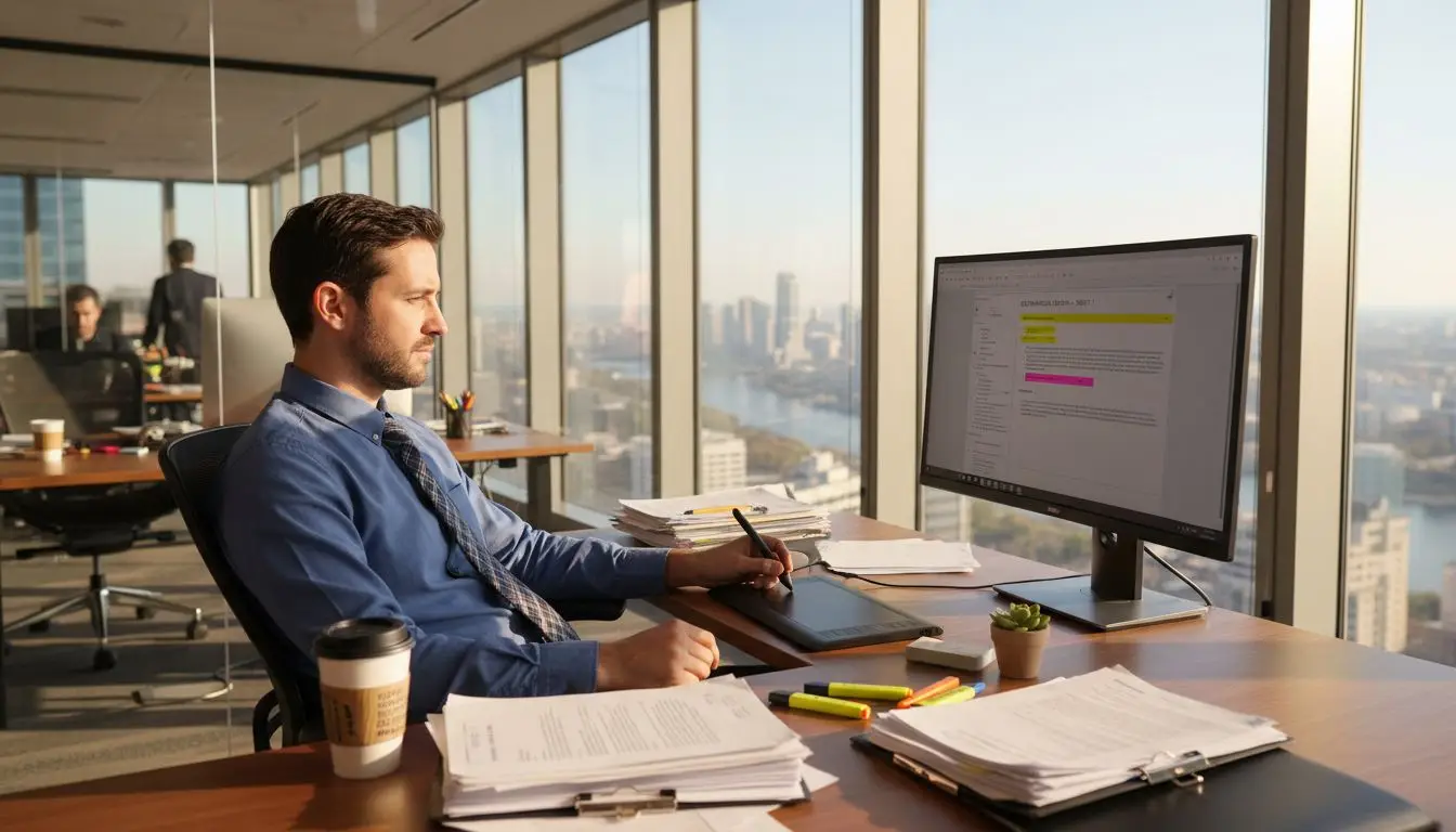 Business analyst editing PDF at office desk