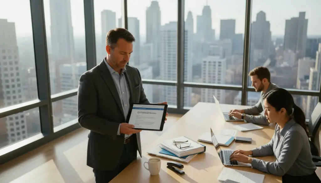 Manager reviewing cloud PDF workflow in office