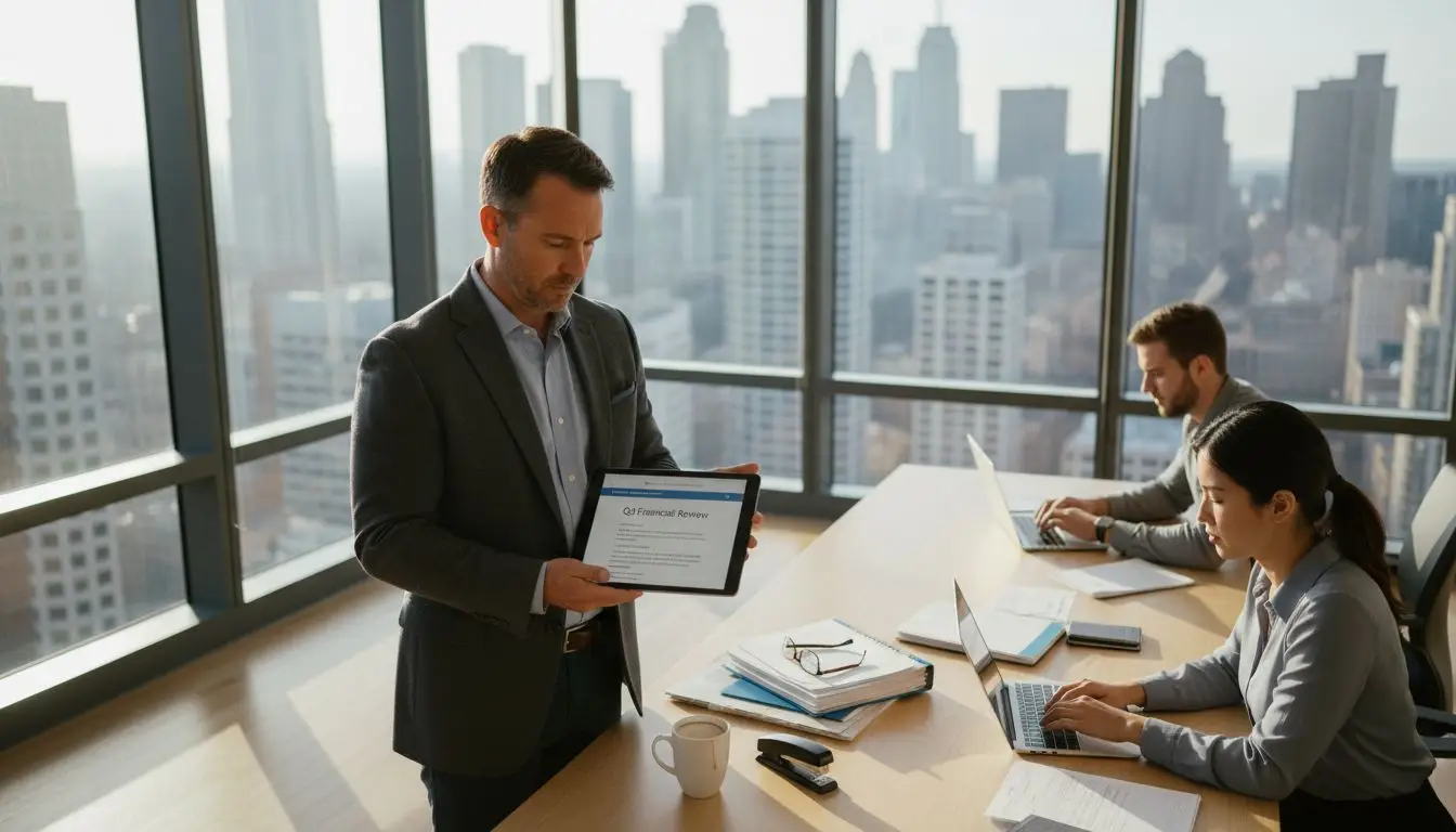 Manager reviewing cloud PDF workflow in office