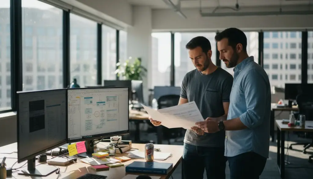 IT professionals discussing PDF workflows in office