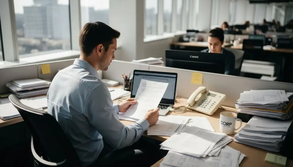 Office worker reviewing PDF compliance workflow