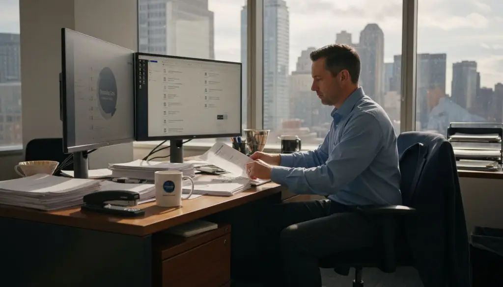 Manager organizing PDFs in office workspace