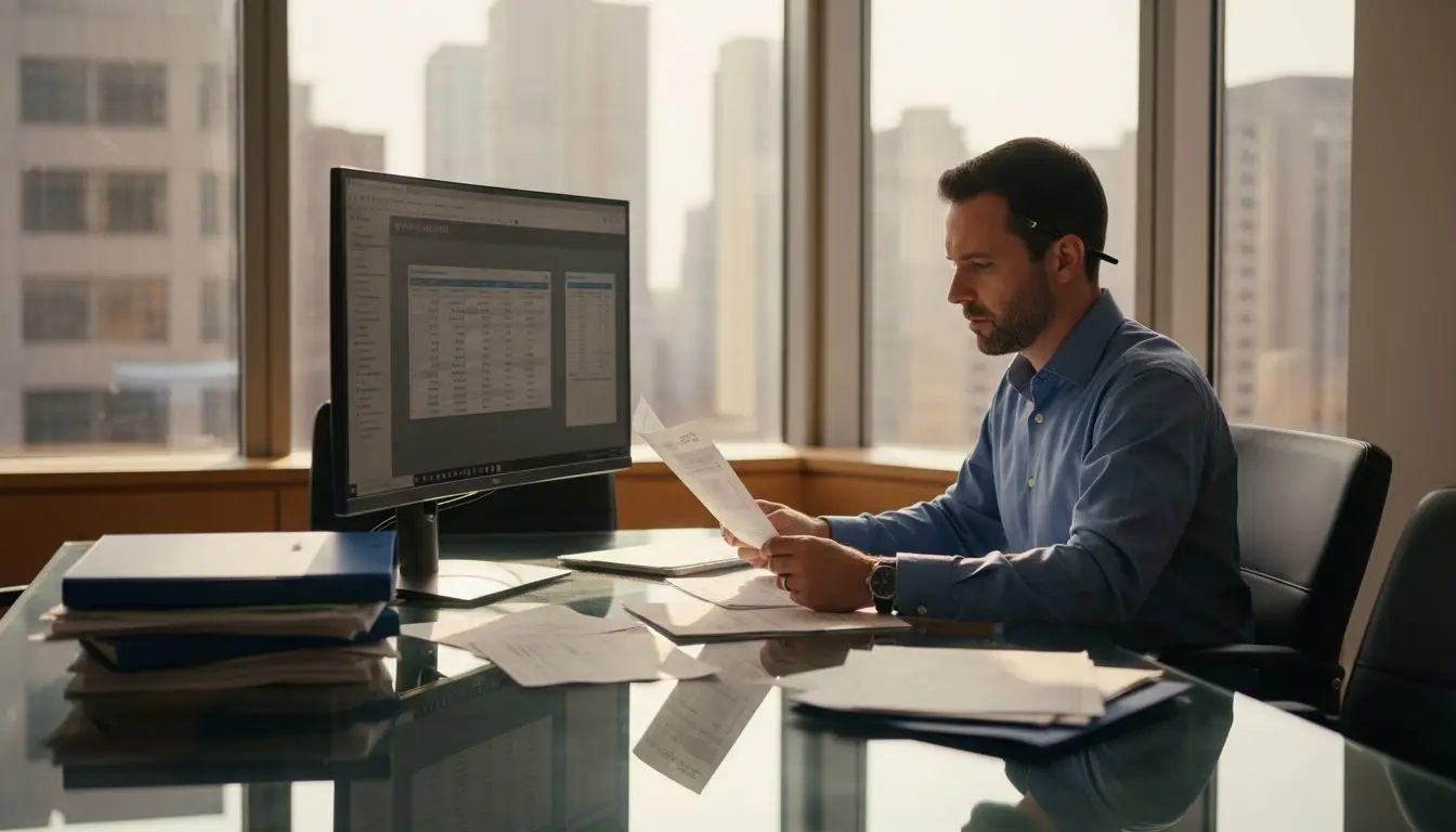 Financial analyst reviewing PDFs on monitor and paper