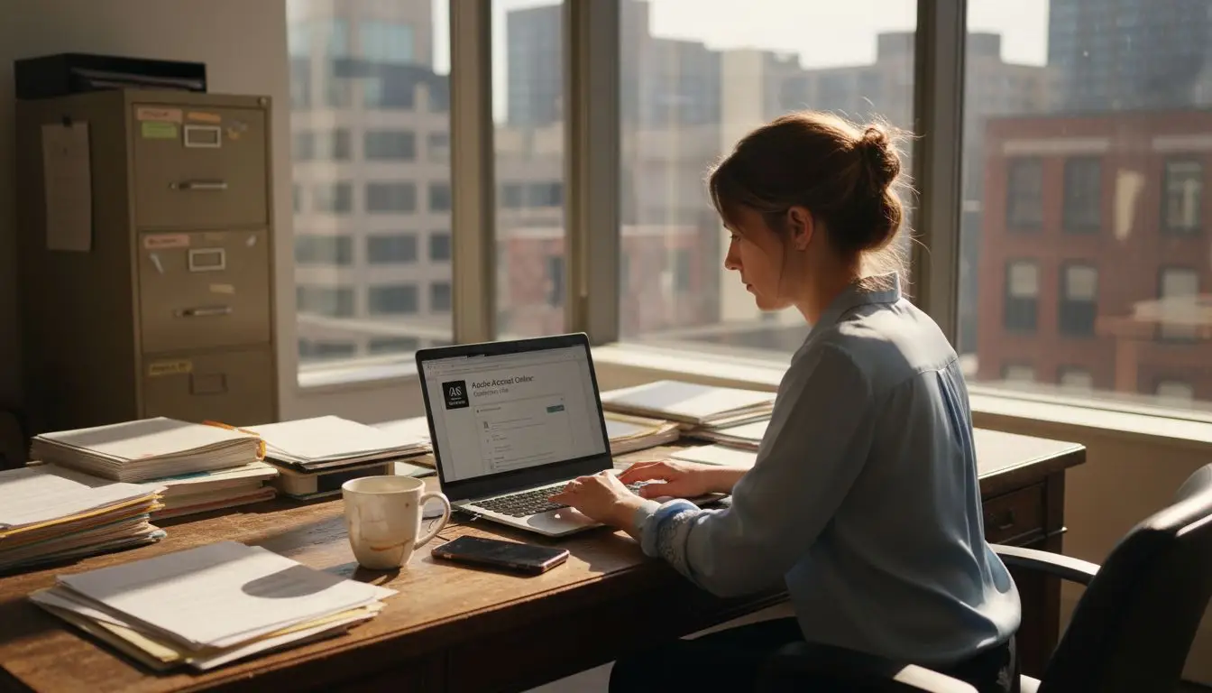 Woman uses Adobe PDF compression in office