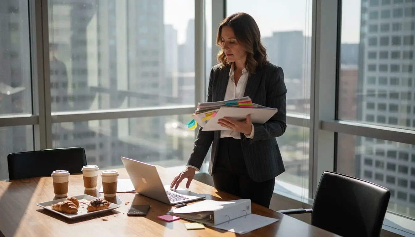 Team leader reviews PDF and Word files in office