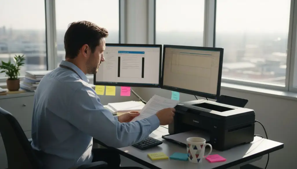 Worker scanning paperwork at office desk