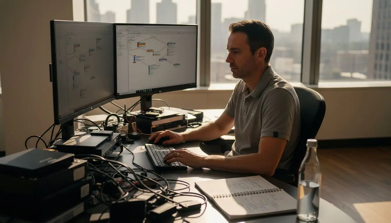 IT manager at desk managing workflow tasks