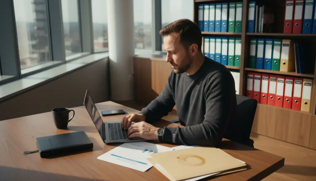 Office worker securing PDF at laptop