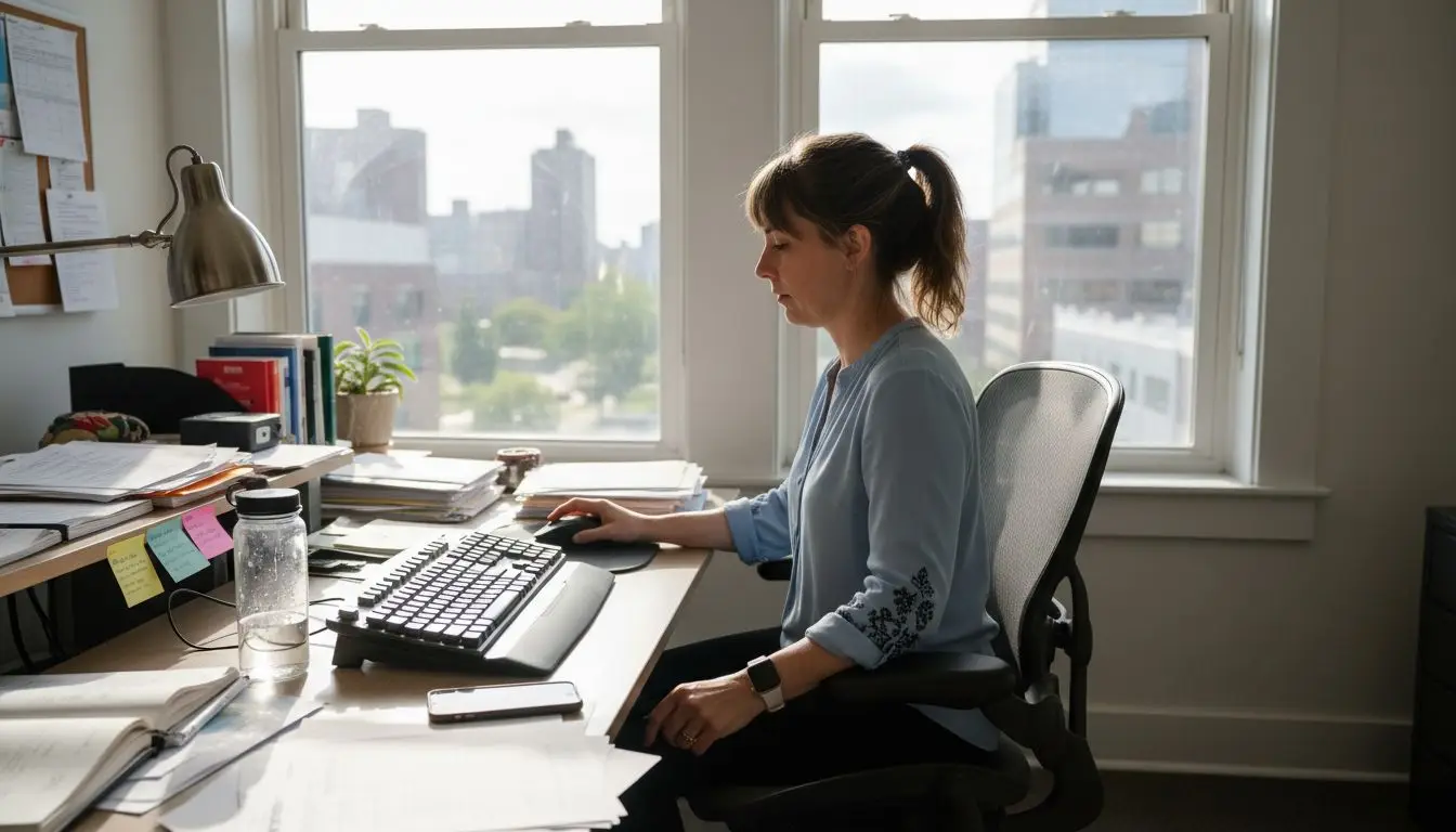 Office manager adjusting ergonomic chair in real workspace