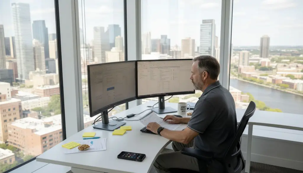 IT manager working with documents at desk